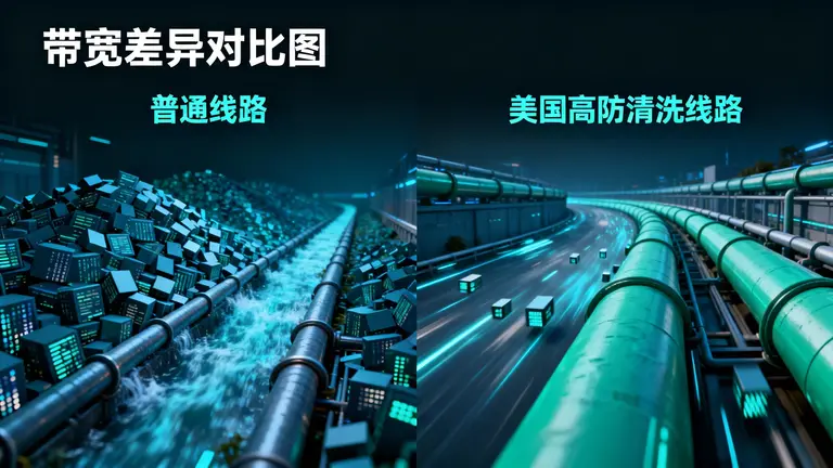 左侧是拥堵的普通线路，右侧是宽阔的美国高防清洗线路