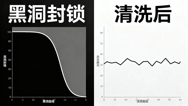 左边是“黑洞封锁”导致的流量归零，右边是“清洗后”平稳的流量曲线