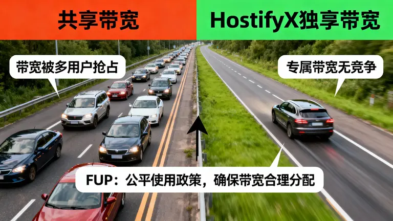 左边是拥堵的“共享带宽”车道，右边是畅通的“HostifyX独享带宽”车道