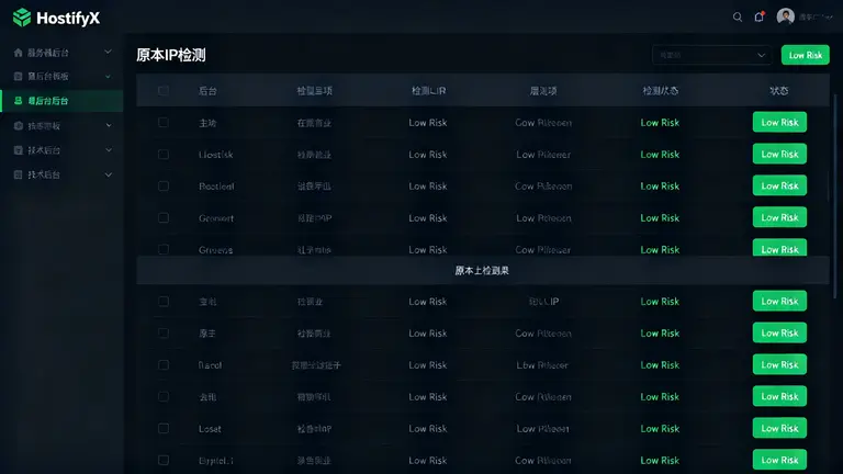 HostifyX 服务器后台面板，原生IP检测结果全是绿色的“Low Risk”