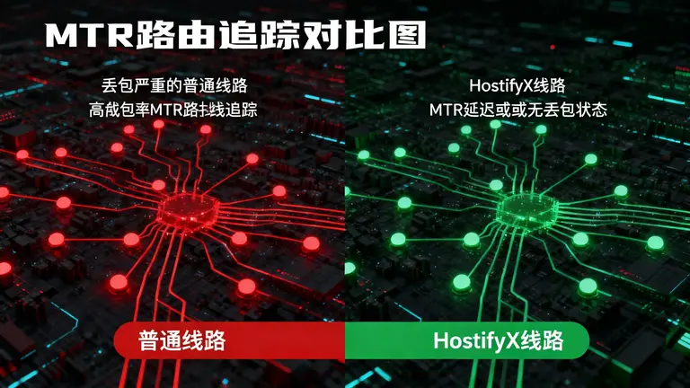 MTR路由追踪的对比，左边是丢包严重的普通线路，右边是HostifyX线路