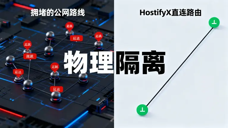 左侧展示拥堵的公网路由，右侧展示HostifyX直连路由
