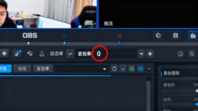 OBS推流界面，重点圈出“丢包率”为0的状态栏