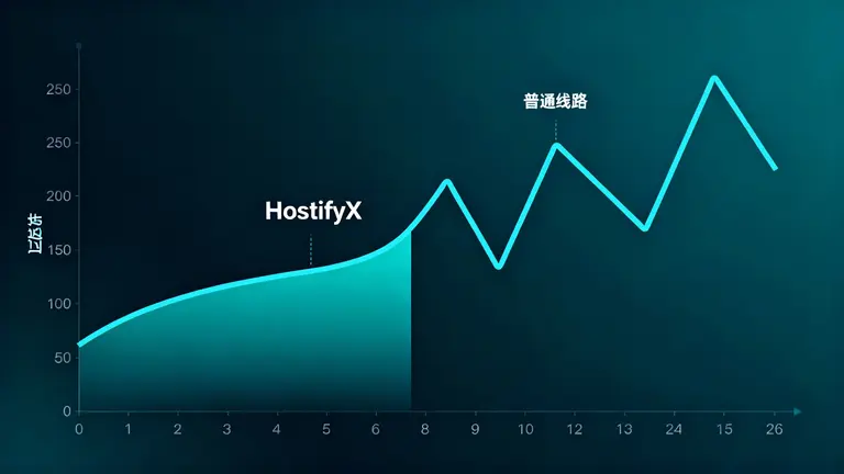 平滑的低延迟曲线（HostifyX）与一条锯齿状的高延迟曲线（普通线路）