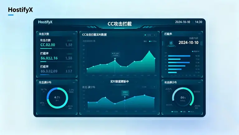 HostifyX 控制台安全防护界面，展示 CC 攻击拦截的实时数据图表