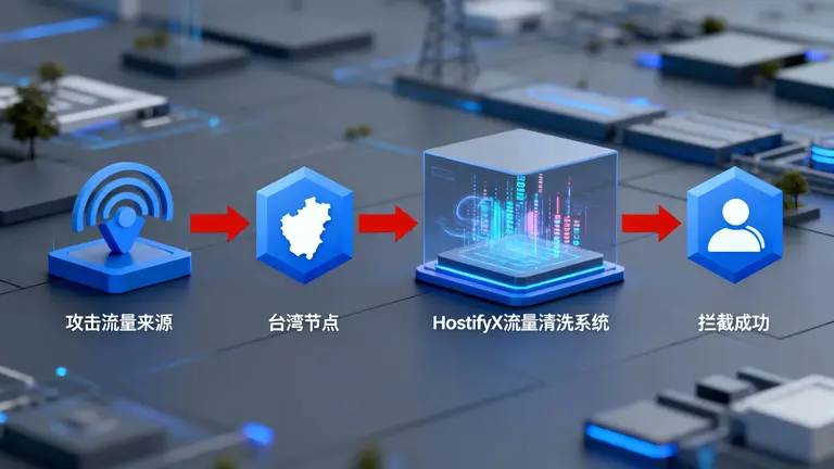 HostifyX 流量清洗拓扑图，展示攻击流量如何在台湾节点被拦截