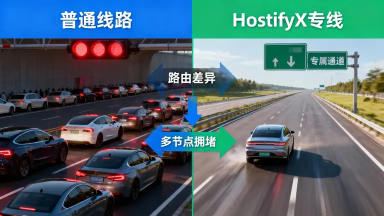 左边是“普通线路”的拥堵车流，右边是“HostifyX专线”的畅通无阻