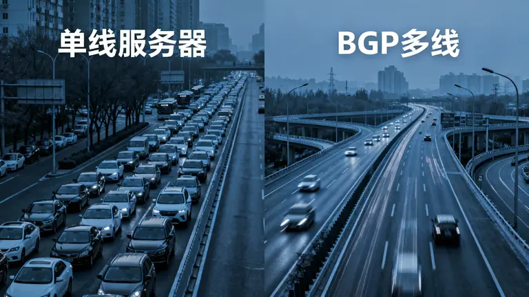 左边是拥堵的单行道（单线服务器），右边是畅通的高速立交桥（BGP多线）