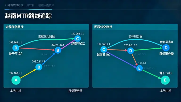 越南MTR路由追踪，直观展示去程和回程的优化路径