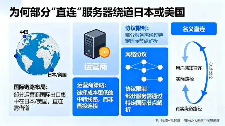 为何有些“直连”服务器实际上绕道日本或美国