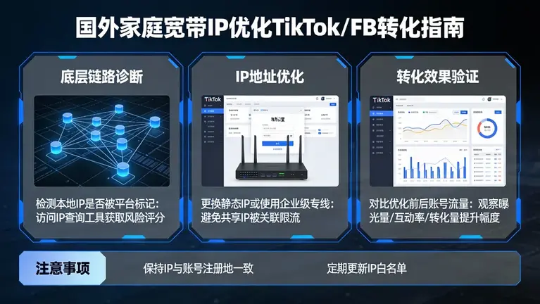 国外家庭宽带IP如何优化TikTok/FB转化？从底层链路解决账号限流问题
