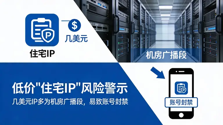 市面上几美元的“住宅IP”往往是机房广播段，极易导致封号