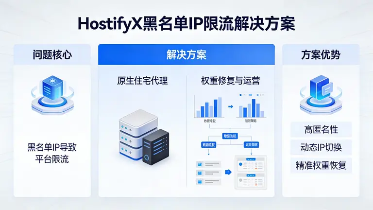 针对黑名单IP导致的限流问题，HostifyX提供一套基于原生住宅代理的权重修复与运营方案