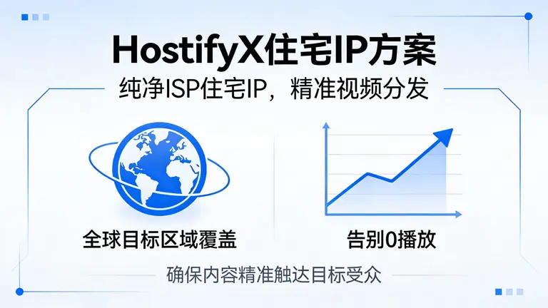 HostifyX提供纯净的ISP住宅IP方案，确保视频分发精准命中目标区域，告别0播放