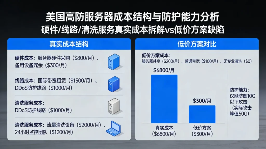 拆解硬件、美国高防服务器线路与清洗服务的真实成本结构，用数据告诉您为什么几百块的方案防不住攻击
