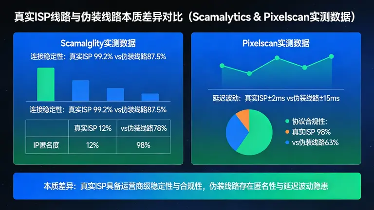 通过Scamalytics和Pixelscan实测数据，对比真实ISP线路与伪装线路的本质差异