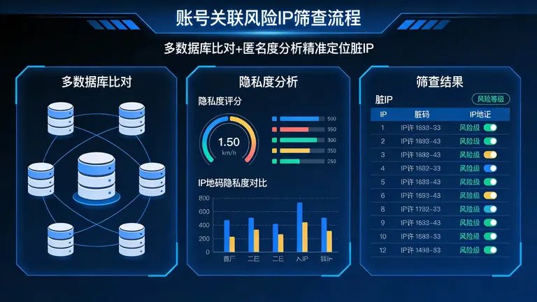 通过多数据库比对和匿名度分析，精准筛查出那些会导致账号关联的“脏IP”
