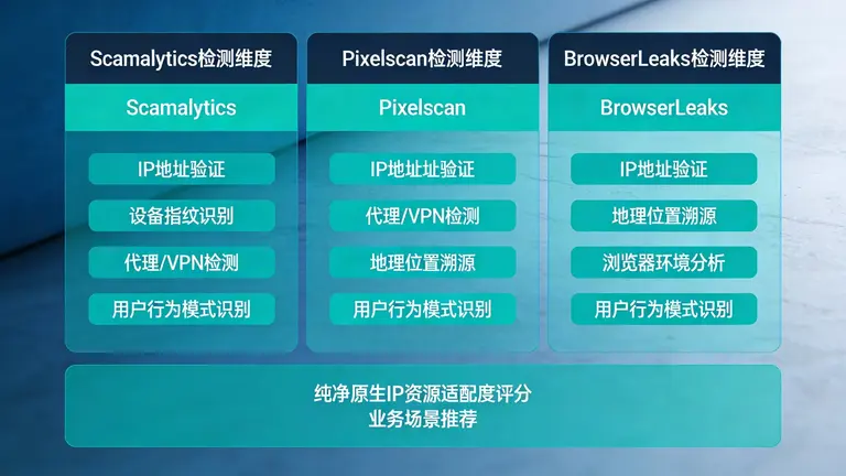 对比Scamalytics、Pixelscan和BrowserLeaks的检测维度，帮你找到真正适合业务的纯净原生IP资源