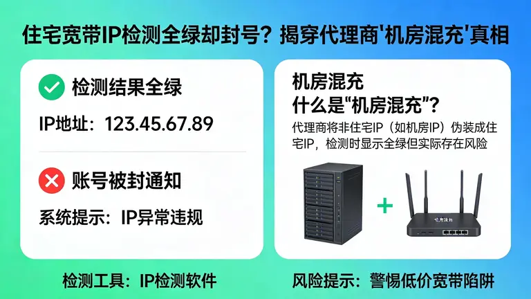 住宅宽带IP检测结果全绿还是封号？揭穿代理商不会告诉你的“机房混充”真相