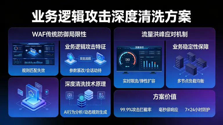 针对WAF难以识别的业务逻辑攻击，提供深度清洗方案，保障业务在流量洪峰下稳如泰山