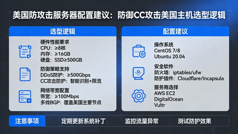 美国防攻击服务器配置建议：防御CC攻击美国主机选型逻辑