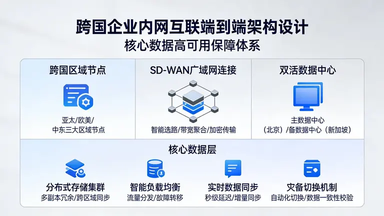针对跨国企业的内网互联需求，提供端到端的架构设计思路，确保核心数据高可用