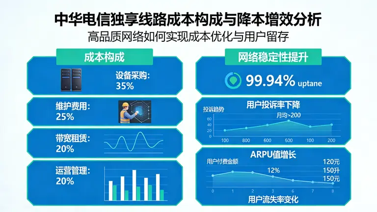 中华电信独享线路的成本构成，展示如何通过高品质网络实现降本增效，减少用户流失