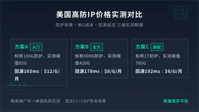 美国高防IP价格对比：3家主流方案防护效果+成本+延迟实测