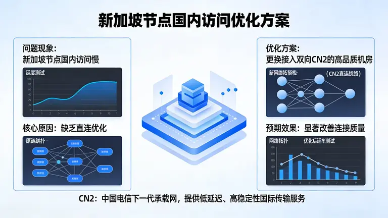 新加坡节点国内访问慢通常是因为缺乏直连优化，更换为接入双向CN2的高品质机房能显著改善连接质量
