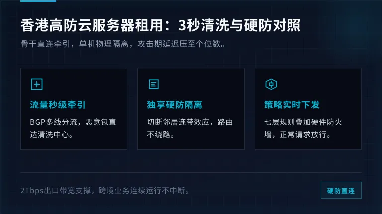 香港高防云服务器租用3秒清洗机制与独享硬防配置对照