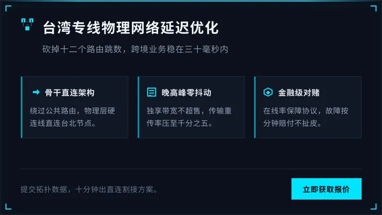 台湾专线物理网络延迟优化：砍掉12个路由跳数，跨境业务稳在30ms内