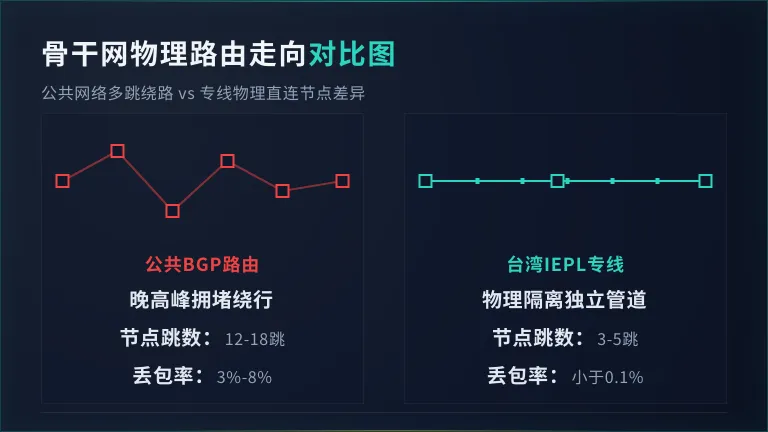 骨干网物理路由走向对比，公共网多跳与专线直连的节点差异