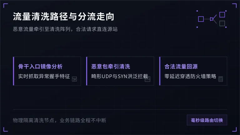 流量清洗路径，合法流量与攻击流量的分流走向