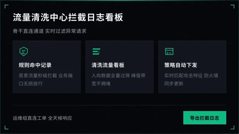防火墙规则配置界面或流量清洗中心拦截日志