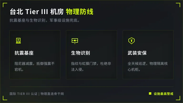 台湾高防服务器近源清洗:3.6T网络扛UDP反射 3 台北Tier III机房抗震与物理安全