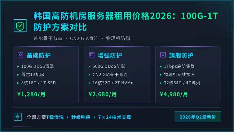 韩国高防机房服务器租用价格2026：100G-1T防护方案对比