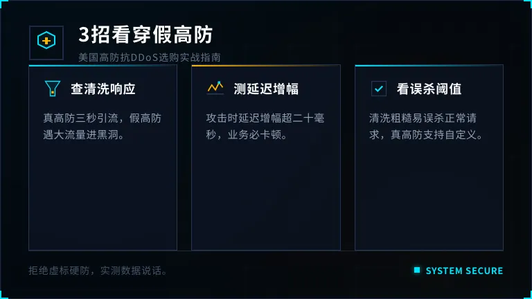 美国高防抗ddos攻击怎么选：3招看穿假高防
