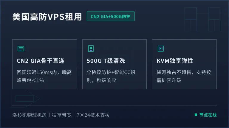 美国高防vps租用 CN2 GIA线路+500G防护方案