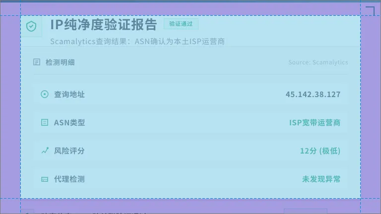 跨境云电脑防封号真相:指纹插件为何频频翻车 3 IP纯净度查询Scamalytics显示ASN为ISP且风险分