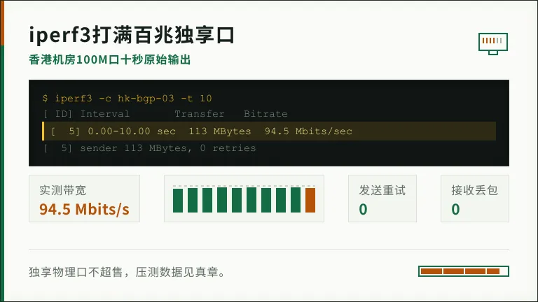 iperf3打满香港服务器100M的终端截图